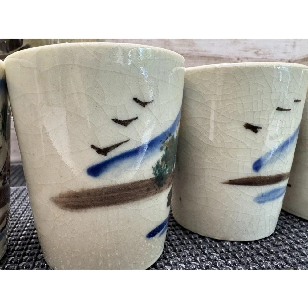 1940 Japanese Ceramic Pitcher 6 Tumbler Set Hand Painted Village Scene Showa VTG